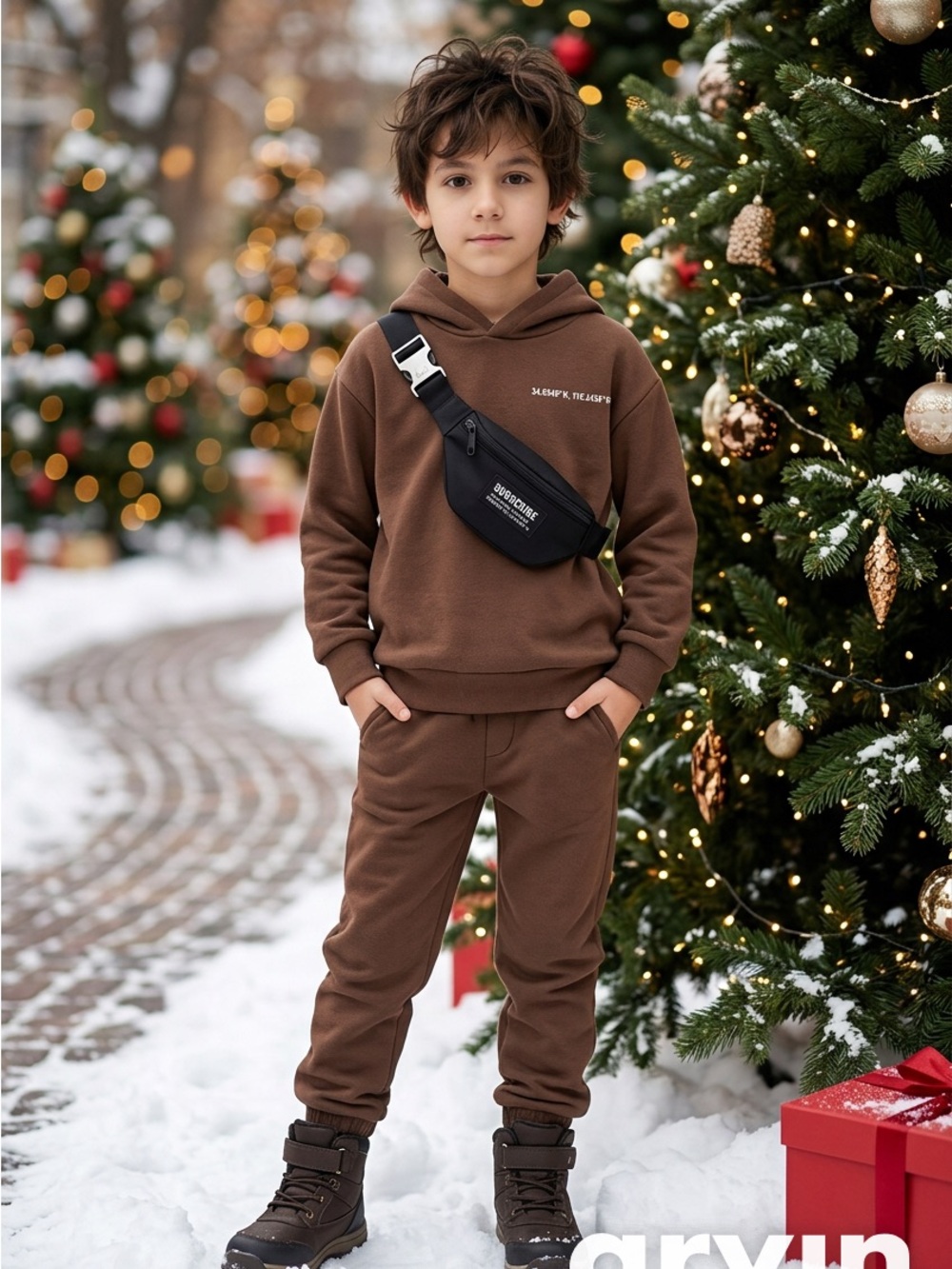 Kids Brown Fleece Jogger Pants by